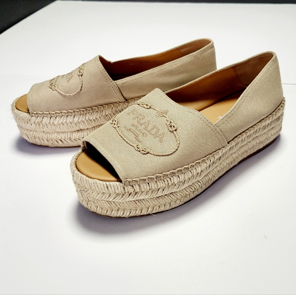 Prada Peep-Toe Canvas Embroidered Logo Flat Espadrille Platform Slip-On Pump 37